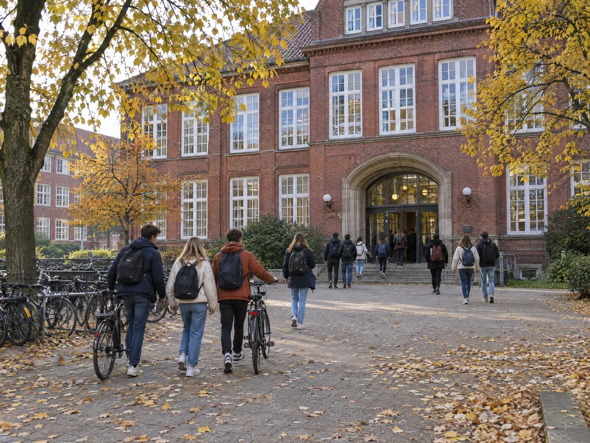 Schülerinnen und Schüler mit Rucksäcken und Fahrrädern gehen an einem Herbstmorgen über den Hof eines Hamburger Backstein-Schulgebäudes