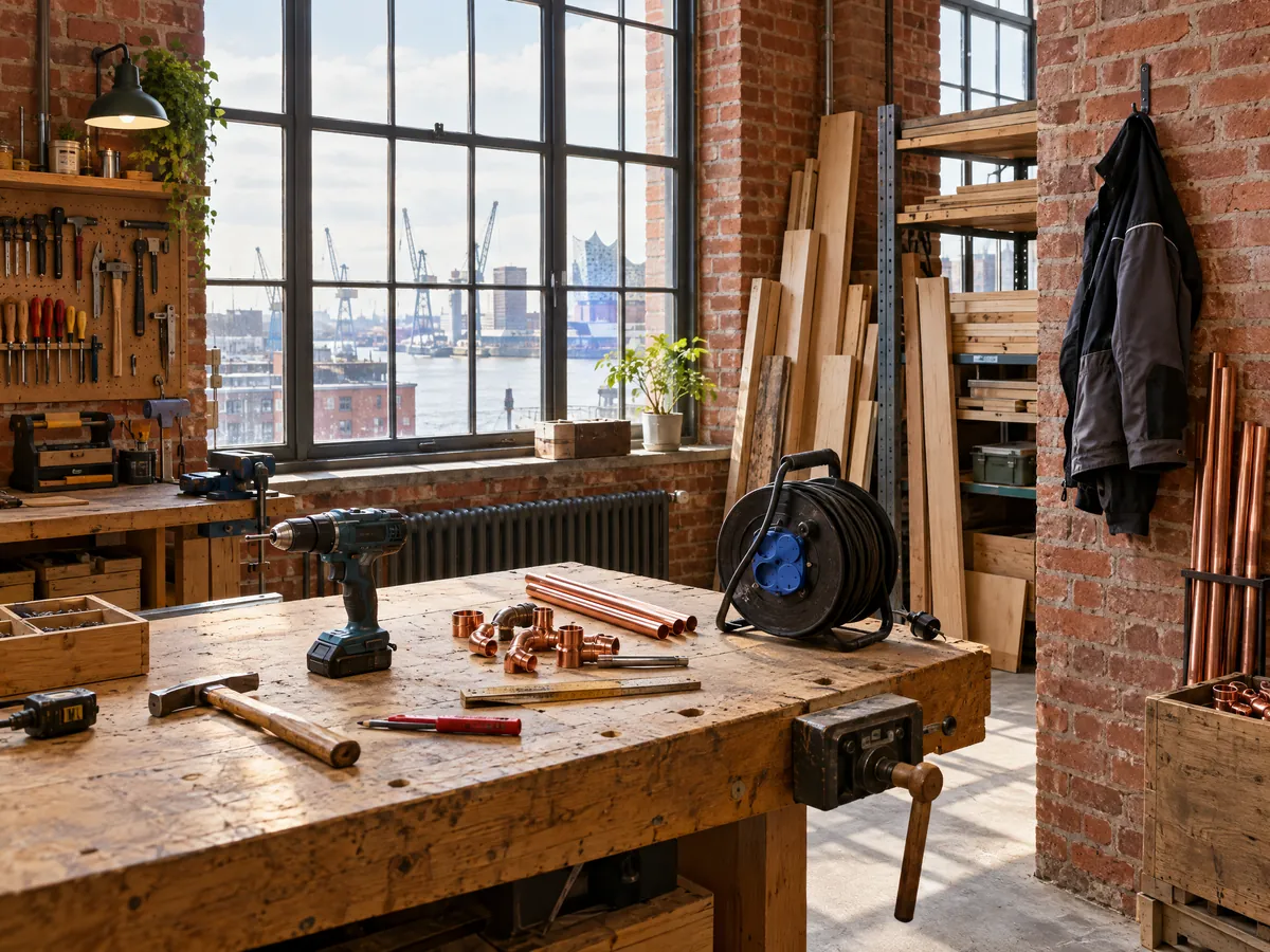 Aufgeräumte Werkstatt in einem Hamburger Klinkerbau mit Werkbank, Bohrmaschine, Kupferfittings und Kabeltrommel, im Fenster der Hafen
