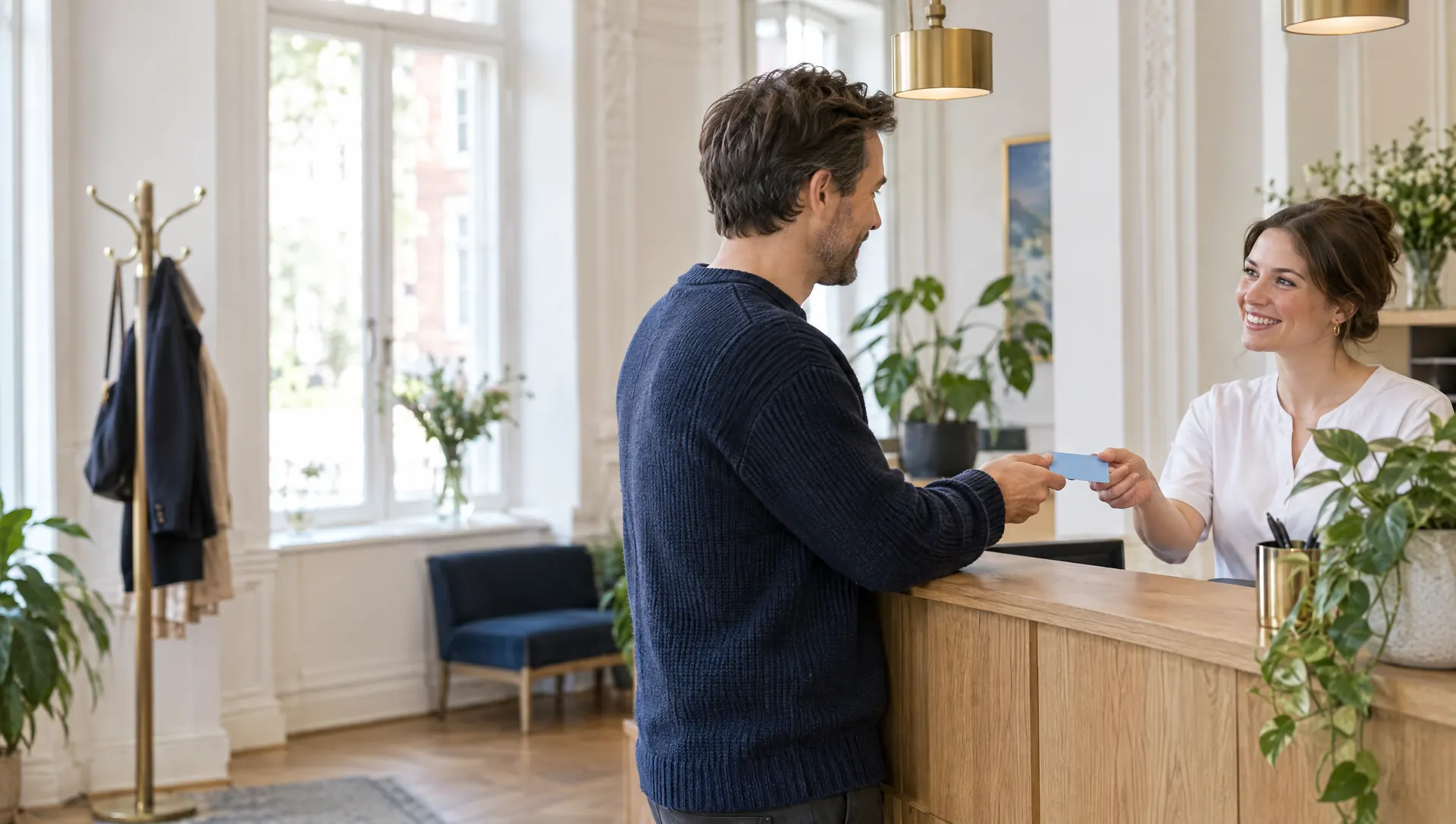 Mann im dunkelblauen Pullover reicht am Empfang einer hellen Hamburger Altbau-Arztpraxis der lächelnden Praxismitarbeiterin seine Versichertenkarte